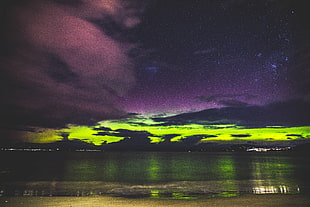 aurora borealis, Sea, Starry sky, Shore HD wallpaper