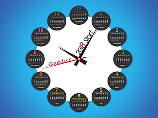 round white and black calendar analog clock, calendar, clocks, watch, good luck HD wallpaper