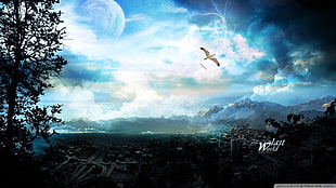 flying bird near mountain digital wallpaper, landscape, digital art, planet, city