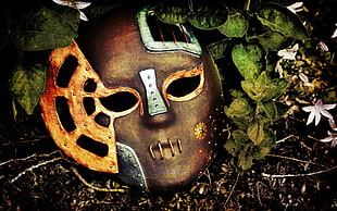 brown mask on green leaves HD wallpaper