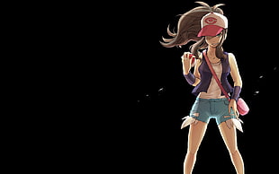 female anime character wearing purple vest and teal shorts HD wallpaper