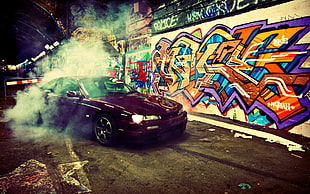 red sedan, Stance, burn, car, graffiti HD wallpaper