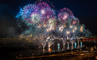 multicolored fireworks, fireworks, night, colorful, city