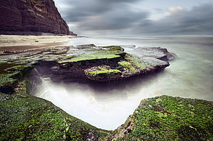 white and brown concrete house, landscape, mist, coast, sea