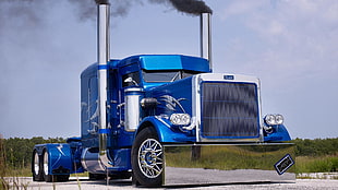 blue tractor unit, car, trucks, Truck, smoke HD wallpaper