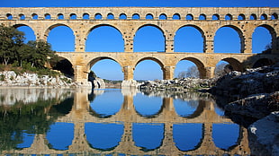 brown bridge, building, aqueducts, mountains, nature HD wallpaper