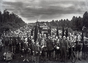 group of people wearing masks illustration, gas masks, old photos, miyake-jima HD wallpaper