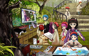 anime female characters watching TV HD wallpaper