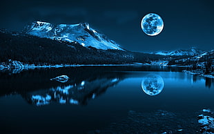 landscape photo of river and forest during full moon, Moon, lake, sky, night HD wallpaper