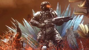 soldier holding shotgun illustration HD wallpaper