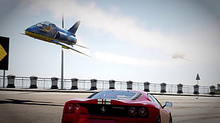 red Ferrari vehicle, jet fighter, Ferrari Challenge Stradale, Ferrari, Forza Horizon 2 HD wallpaper