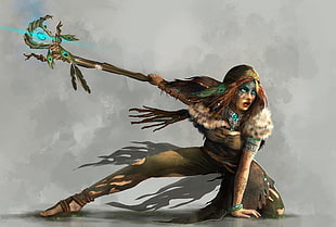 female character holding staff illustration, artwork, fantasy art HD wallpaper