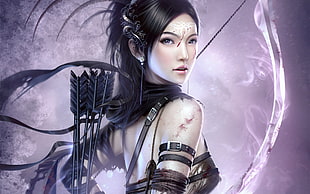 black hair female archer illustration HD wallpaper
