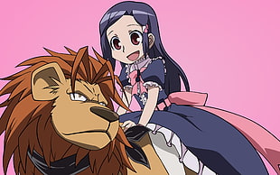 black haired girl anime riding on lion HD wallpaper