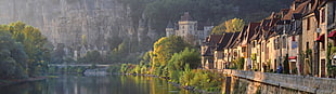 village near body of water, landscape, France, La Roque Gageac, nature HD wallpaper