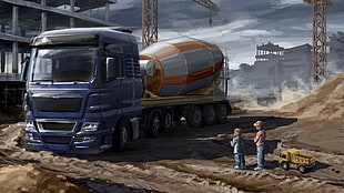 illustration of blue cement mixing truck, euro truck simulator, SCS Software, trucks HD wallpaper