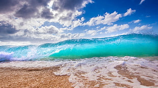 blue and white abstract painting, waves, coast, sand