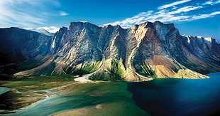 aerial view of mountain beside body of water, mountains, clouds, sky, lake