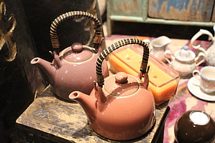 two ceramic tea pots on tray HD wallpaper