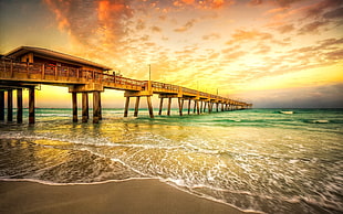 brown wooden foot board, nature, sunset, sea, clouds