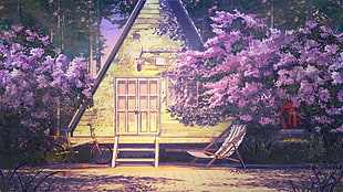 brown house surrounded by plants painting, Everlasting Summer, bicycle, red, purple HD wallpaper