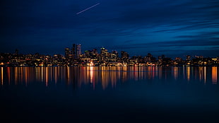 city buildings, evening, night, sea, lake