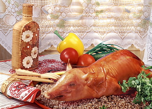 Roasted Pig beside spices on brown surface HD wallpaper