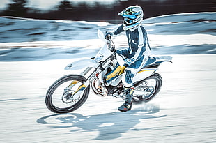 white motocross bike, Motorcyclist, Speed, Snow HD wallpaper