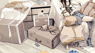 woman anime lying on luggage photo HD wallpaper