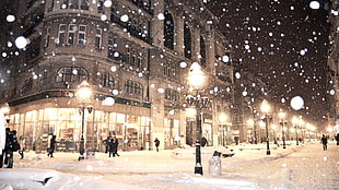 gray concrete building, Belgrade, street, snow, lamp