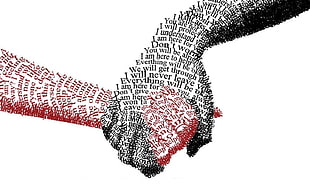 two red and black hands illustration, typography, holding hands, simple background, artwork