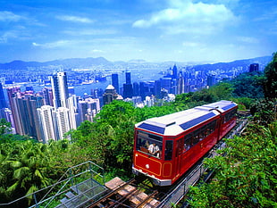 red electric city train, vehicle, cityscape, Hong Kong HD wallpaper