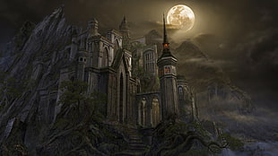 castle wallpaper, castle, Moon, fantasy art HD wallpaper