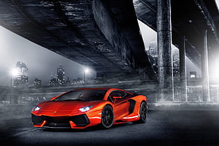 selective color photo of red Lamborghini sports coupe under the bridge HD wallpaper