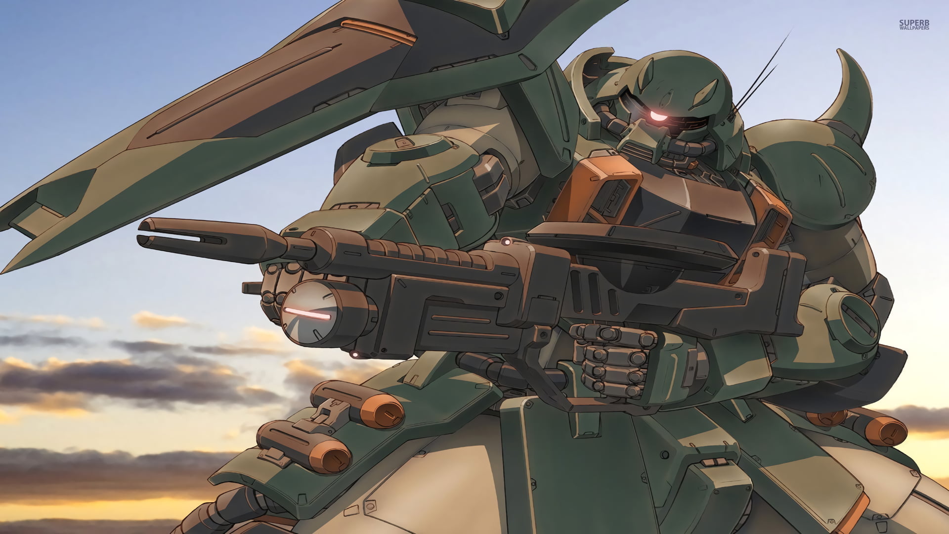 green armoured soldier cartoon illustration, Gundam, Mobile Suit, Zaku, Zaku II