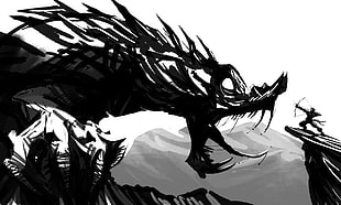 dragon game character illustration, monochrome, dragon, bow and arrow, warrior HD wallpaper