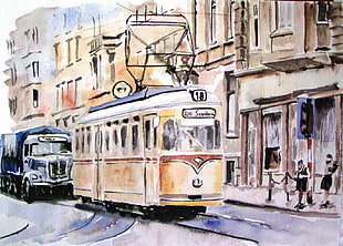 yellow city train on city street painting HD wallpaper