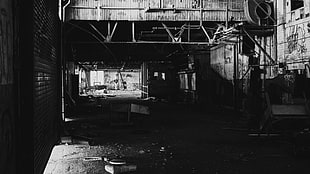 black and white wooden table, city, factory, photography, monochrome HD wallpaper