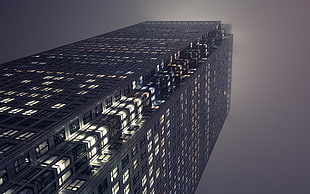 building visual concept, skyscraper, worm's eye view, mist, night HD wallpaper