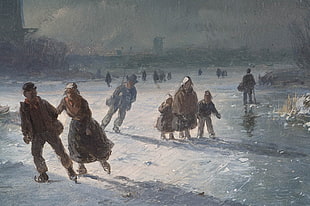 painting of ice skating people, skating, winter, painting, ice HD wallpaper