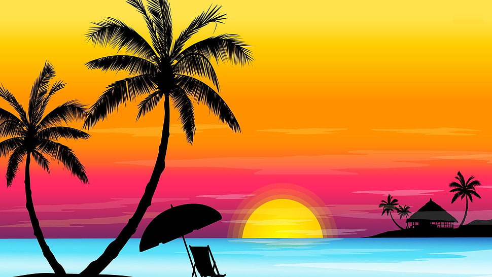 painting of lounge chair and trees, painting, beach, sunset, parasol HD wallpaper