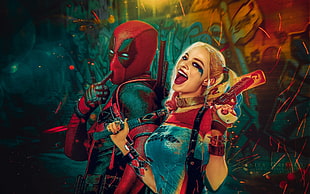 Deadpool and Harley Quinn painting HD wallpaper