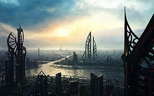 high rise buildings digital wallpaper, fantasy art, futuristic city, futuristic, science fiction