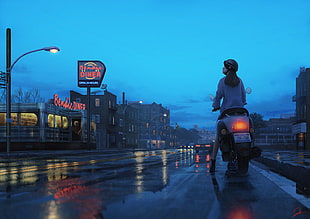 man ridingmotorcycle digital wallpaper, city, rain, women, rear view HD wallpaper