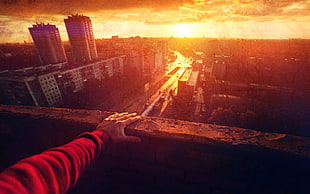 red sleeve, city, cityscape, sunset, hands HD wallpaper