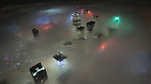 high-rise buildings, city, lights, skyline, mist HD wallpaper