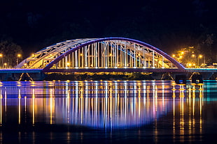blue and yellow LED light, South Korea, night, bridge, Seoul HD wallpaper