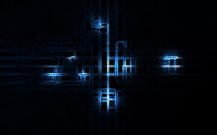 black and white metal frame, abstract, blue, lines, digital art HD wallpaper
