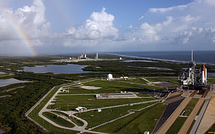 green field, landscape, space shuttle