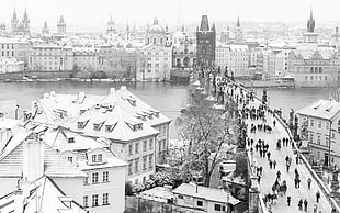 people on stone bridge during winter digital wallpaper, cityscape, Prague, city, winter